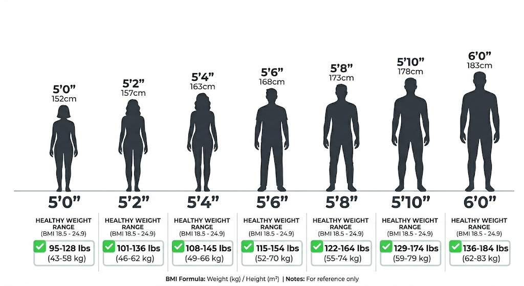 Height and weight silhouette chart showing normal BMI healthy weight ranges from 5 feet to 6 feet for men and women