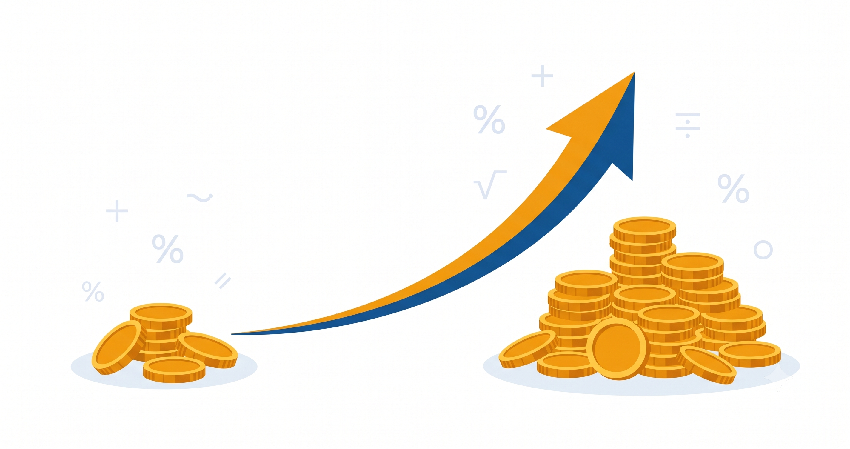 Small pile of coins growing into large pile showing compound interest growth over time