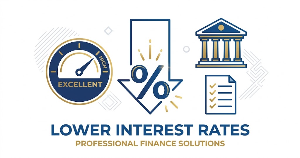 Lower interest rates illustration showing excellent credit score meter, downward percentage arrow, bank building, and loan checklist icons