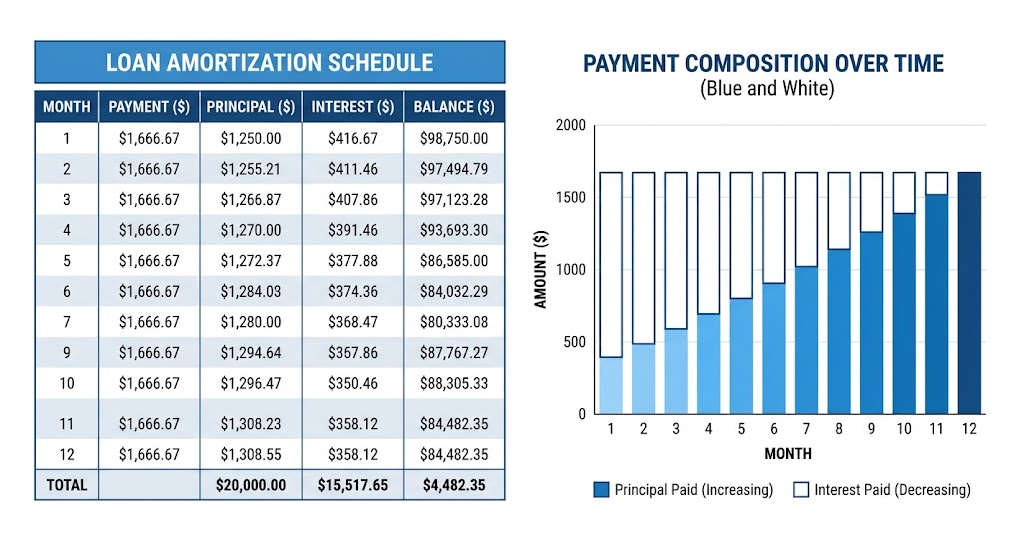 Loan amortization schedule table showing monthly principal, interest, and balance columns with a bar chart of payment composition over time