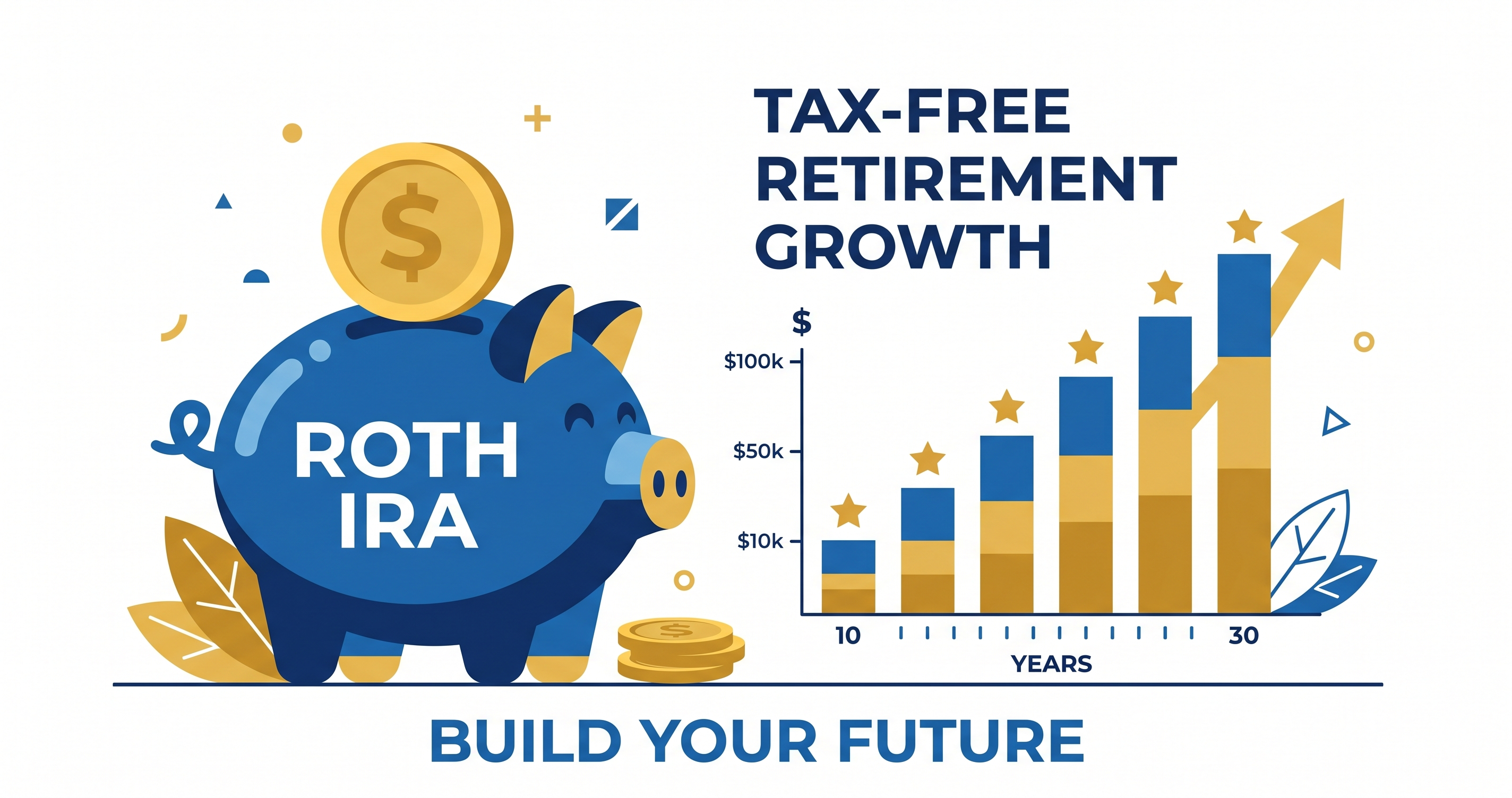 Roth IRA piggy bank with tax-free growth bar chart showing retirement savings in blue and gold colors