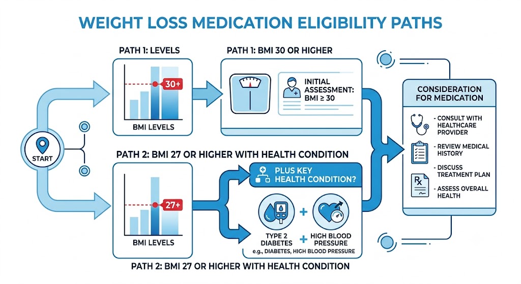 Weight loss medication eligibility paths showing BMI 30 or higher for path one and BMI 27 or higher with health condition for path two